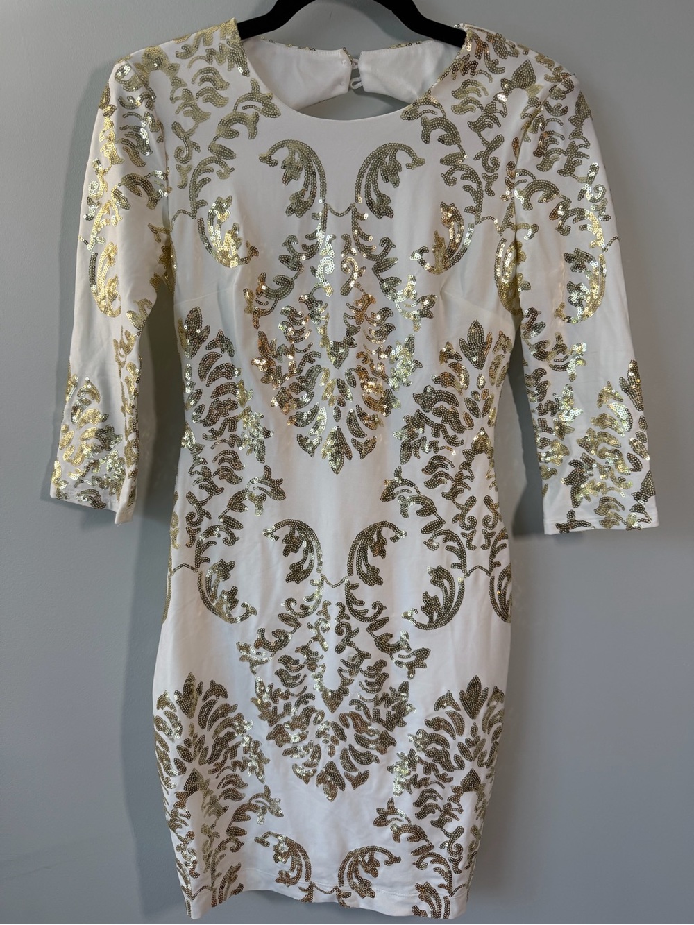 B Darlin White & Gold Sequin Long Sleeve Cocktail Dress